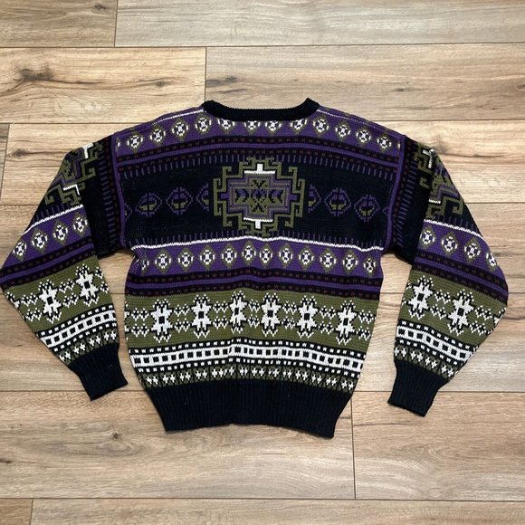 Men’s Todays News Sweater SZ Medium Vintage Purple Black Green Knit - Picture 8 of 9
